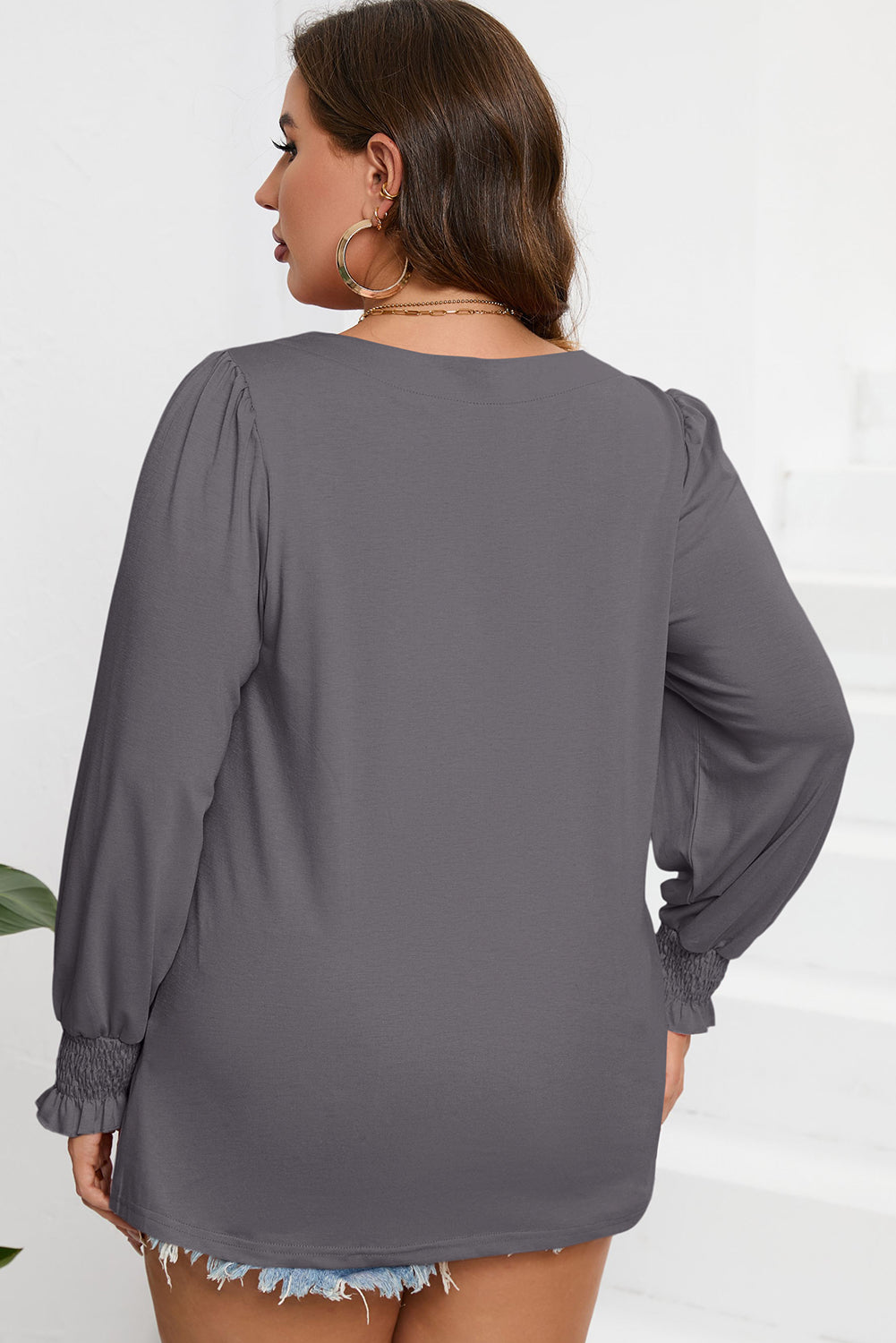 Plus Size Square Neck Lantern Sleeve T-Shirt