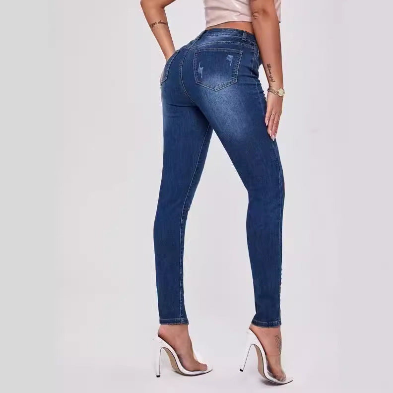 Slim Fit Patchwork-Stretch-Jeans mit hoher Taille