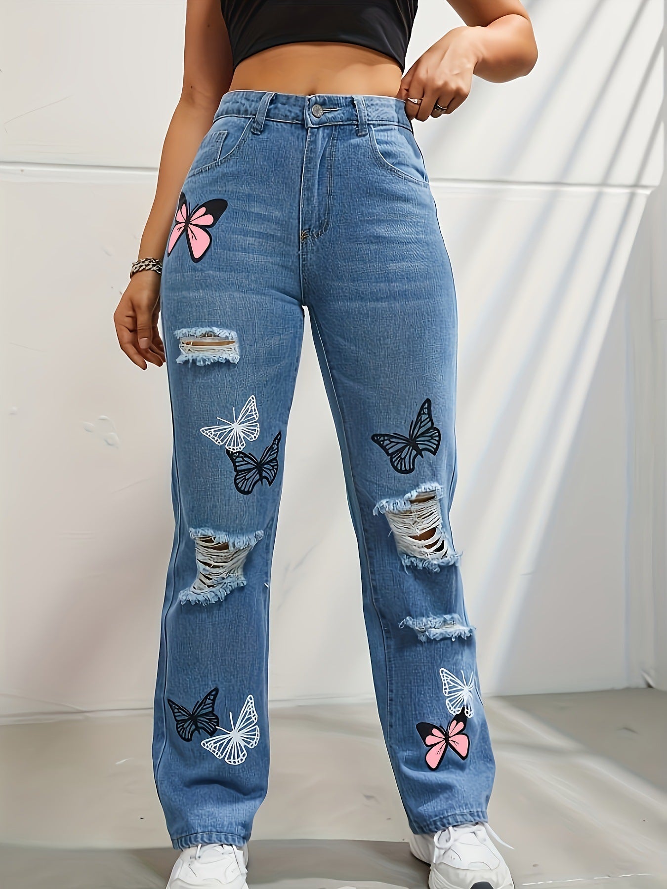 Pantalones vaqueros de pierna recta y cintura alta para mujer, modernos pantalones vaqueros desgastados y rotos con estampado de mariposas