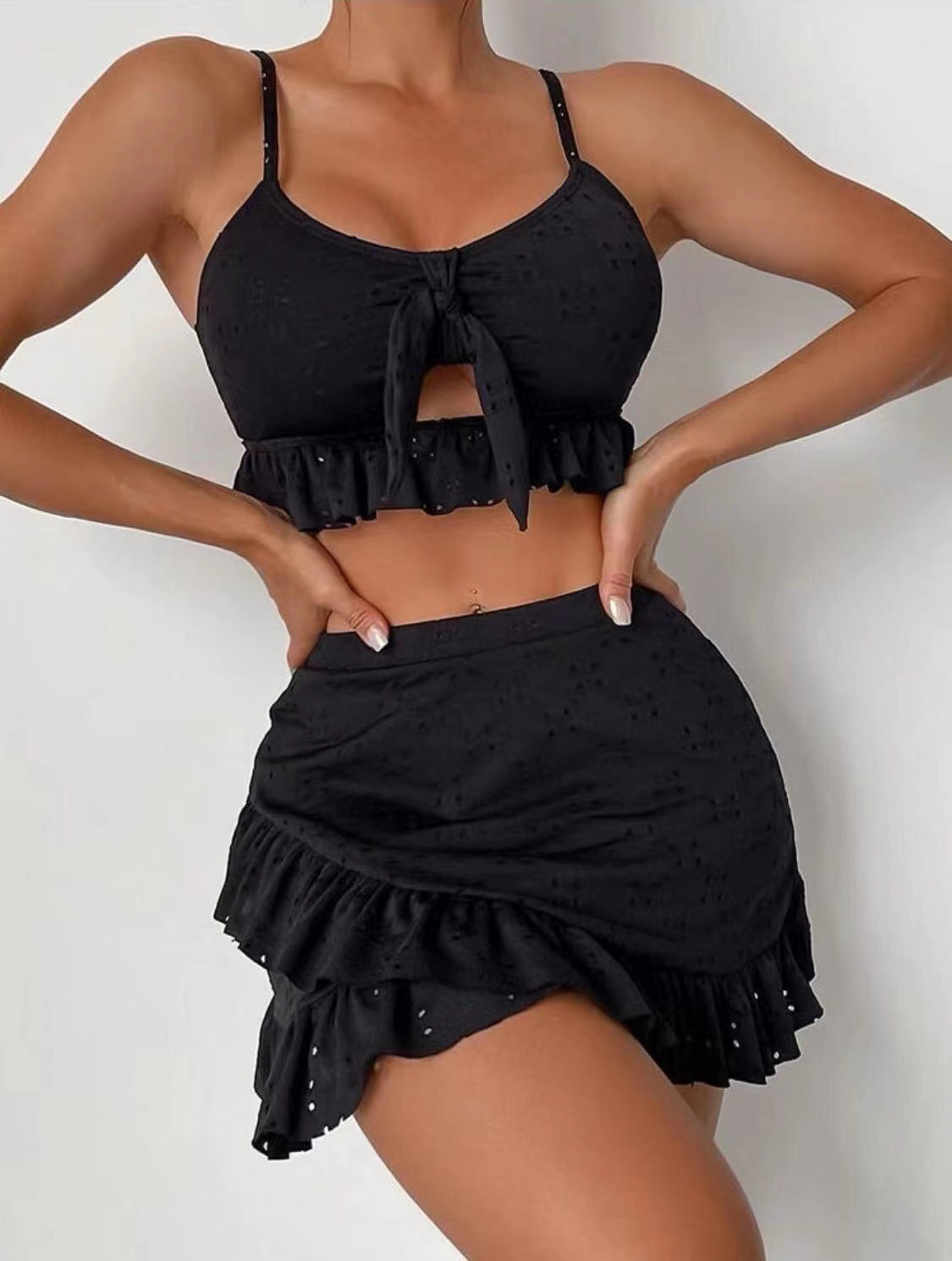 Conjunto de traje de baño de 3 piezas con falda ajustada a la cadera, diseño de volantes, ropa de verano para mujer