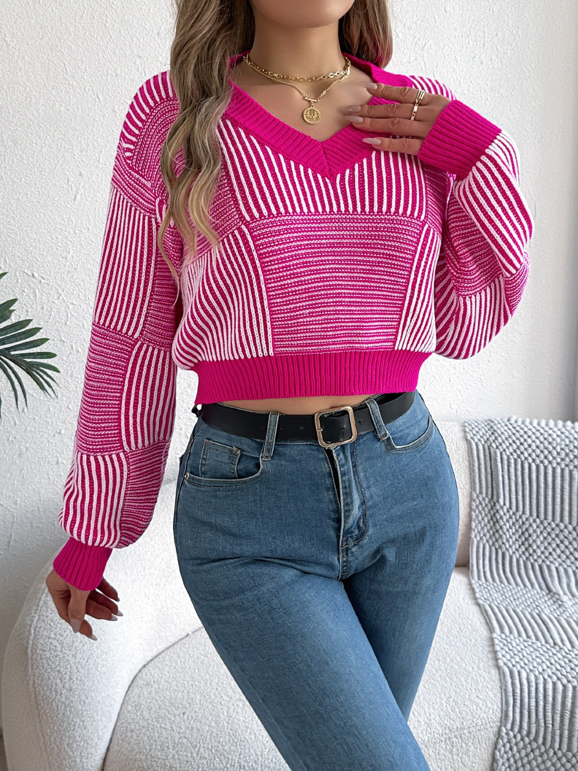 Striped V-Neck Long Sleeve Sweater