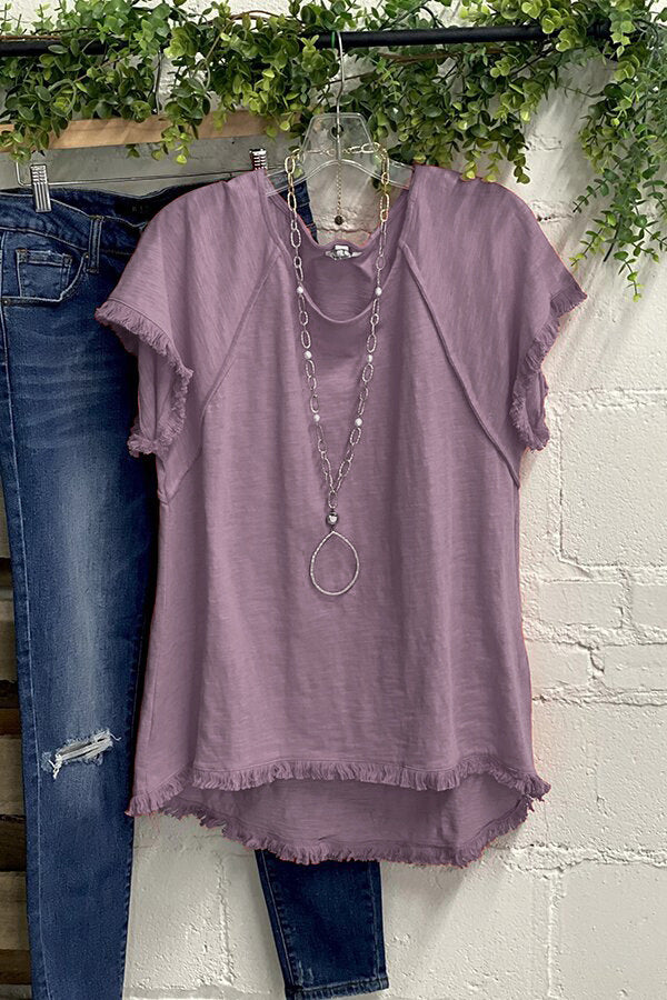 Solid Color Cotton Tassel Design Short Sleeve Round Neck T-shirt