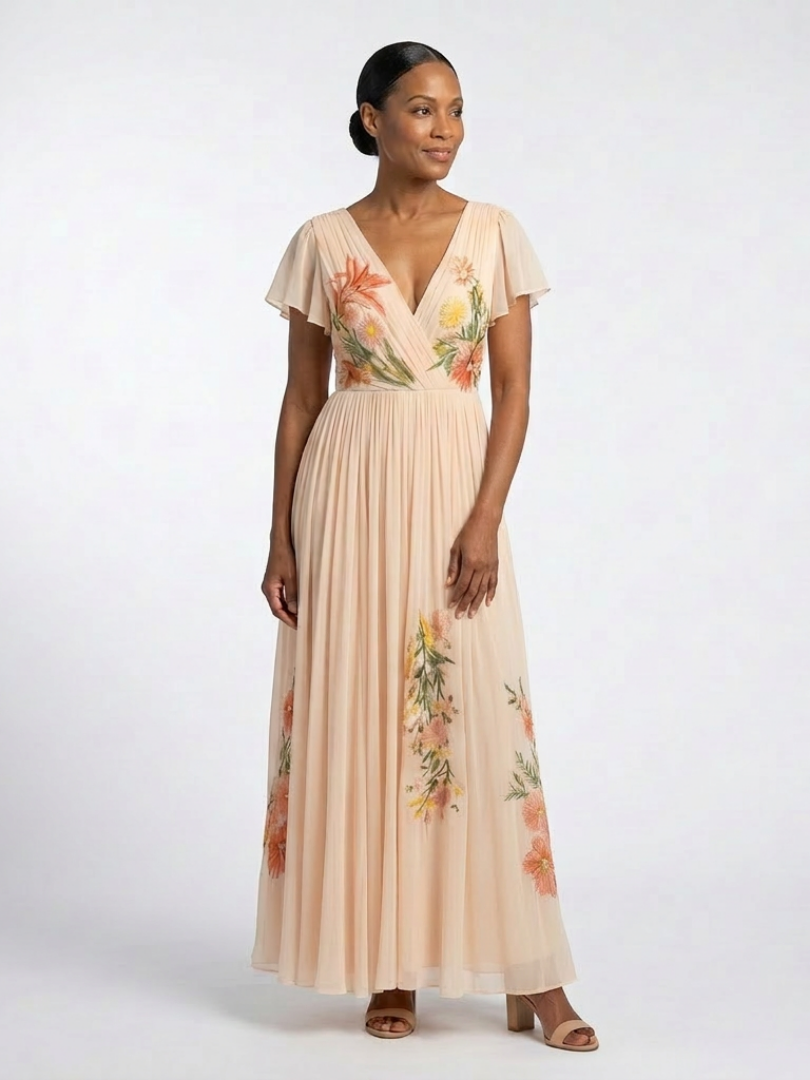 Calista - V Neck Short Sleeve Pleated Floral Maxi Dress