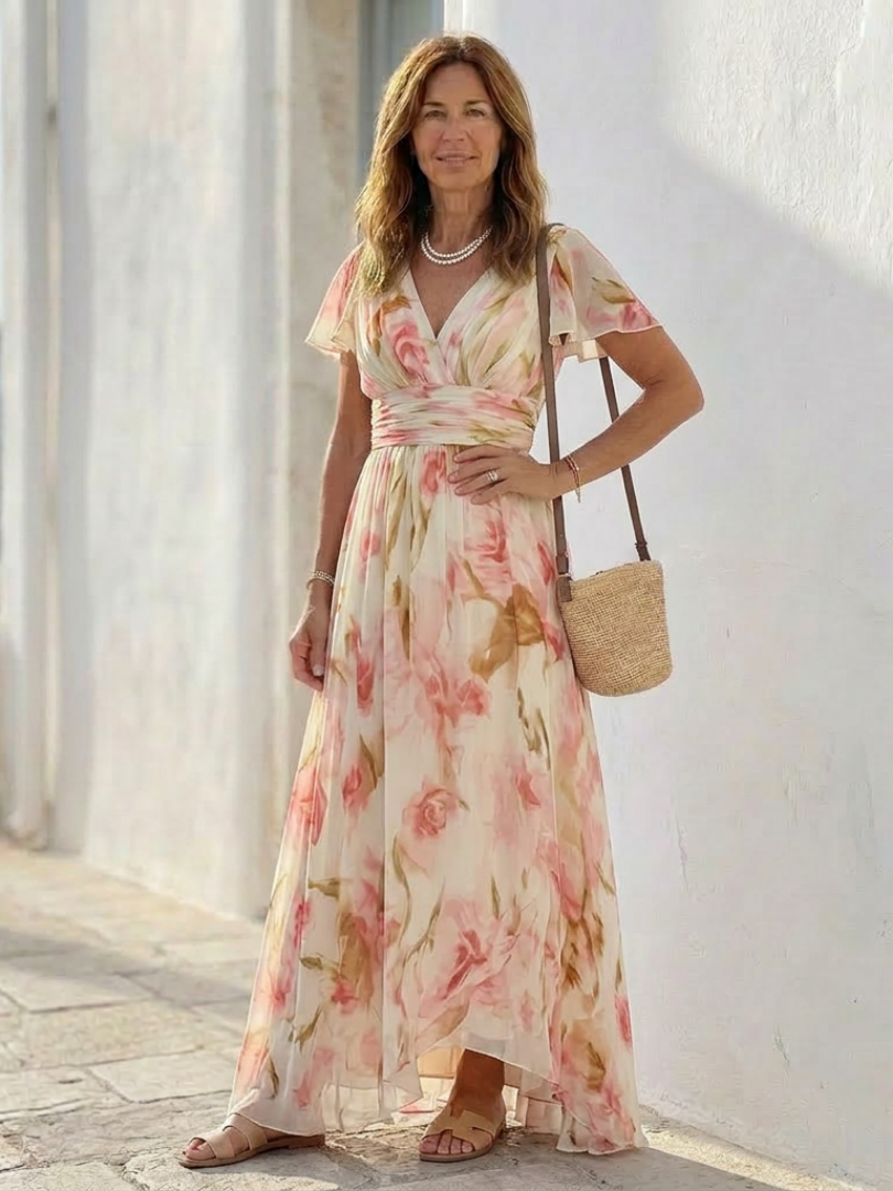 Elara - V Neck Short Sleeve Floral Maxi Dress