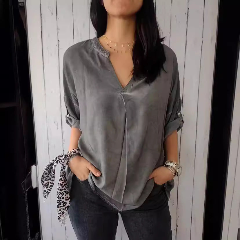 Camisa de algodón y lino puro con escote en V para mujer, talla grande, primavera y otoño