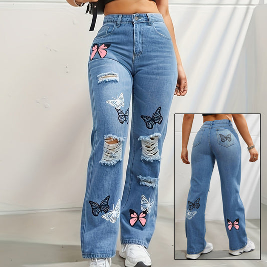 Pantalones vaqueros de pierna recta y cintura alta para mujer, modernos pantalones vaqueros desgastados y rotos con estampado de mariposas