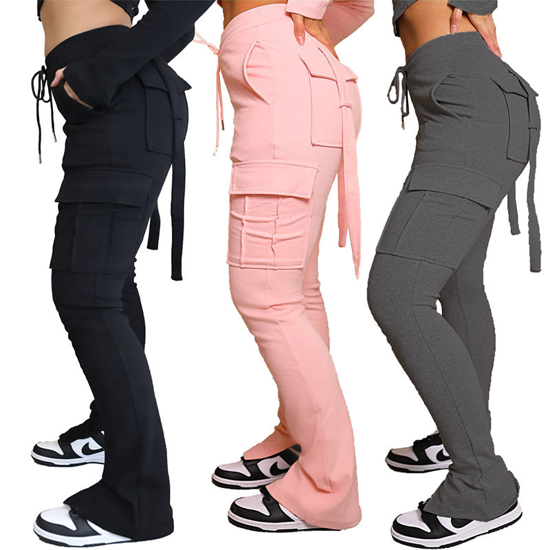 Cargohose mit Taschen, hohe Taille, Kordelzug, weites Bein, gerade Hose für Damen