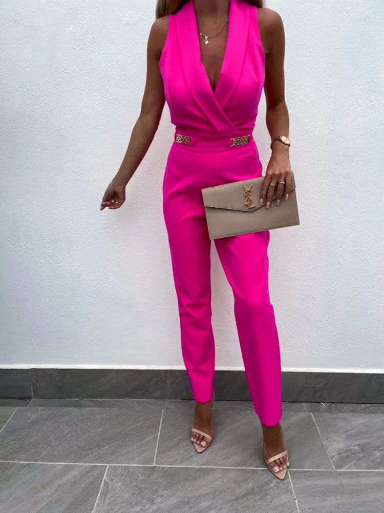 Women's Summer Solid Color Slim Fit Backless Fashion Jumpsuit