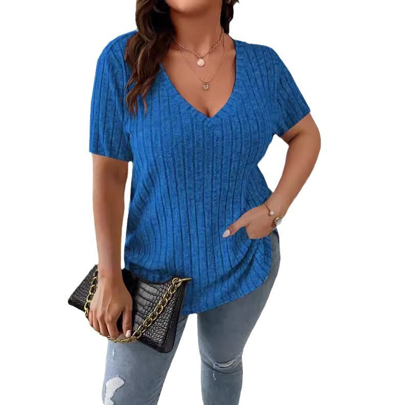 Solid Color Plus Size Women's Clothes Top V-neck Sunken Stripe Short Sleeve T-shirt