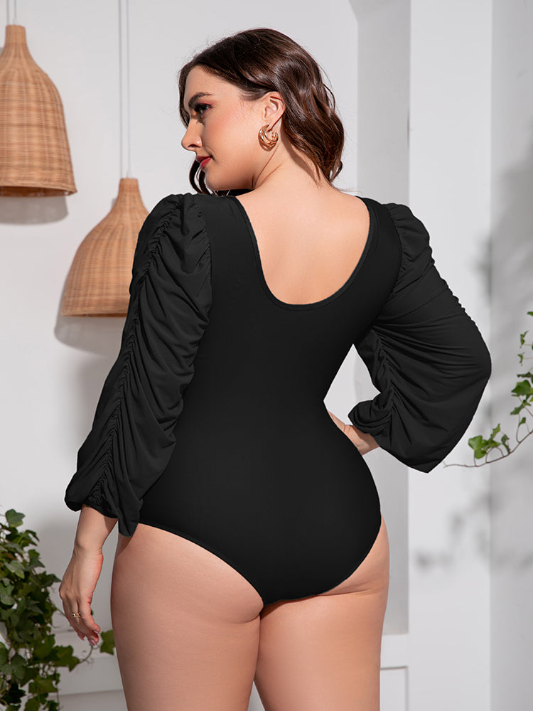 Plus Size Einteiliger Badeanzug mit tiefem V-Ausschnitt und Ballonärmeln