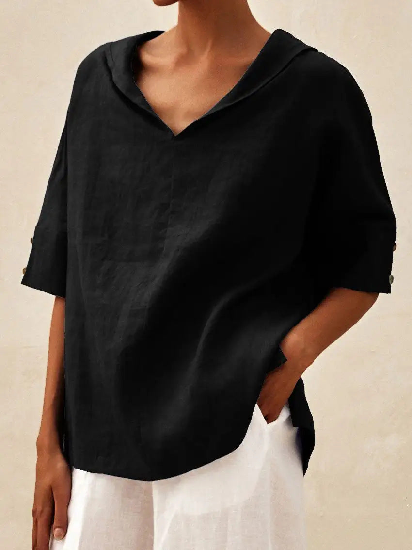 Women's Solid Color Cotton And Linen Loose Shirt