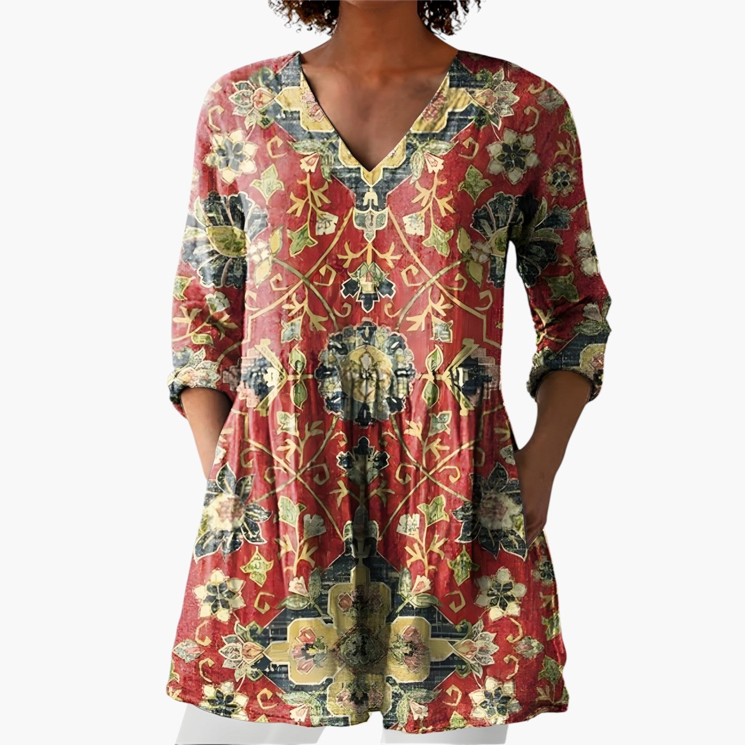 My Store 4 Amoura lange blouse met V-hals, opvallend rood patroon en een vloeiende pasvorm voor dagelijks gebruik.