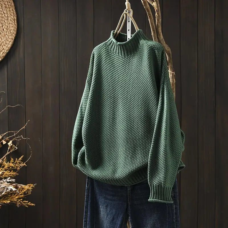 My Store 4 Barbara Relaxed Knit Jumper in groen met textuur, opstaande kraag en verlaagde schouders.