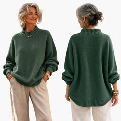 My Store 4 Barbara relaxed knit jumper in donkergroen met mock neck en textuur, gedragen door een model.