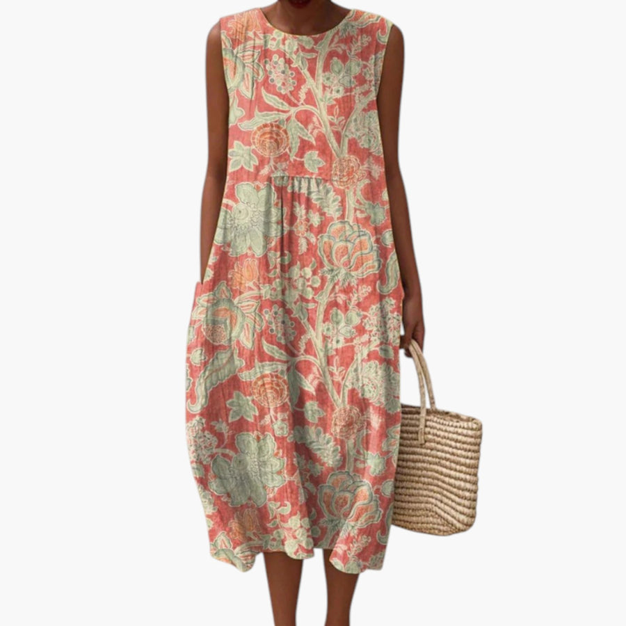 My Store 4 Beth midi-jurk met koraalkleurige achtergrond en saliegroene botanische bloemenprint op het strand