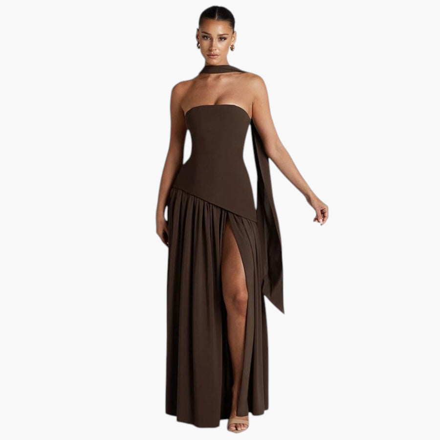 My Store 4 LINDSAY mouwloze bodycon maxi-jurk in donkerbruin met hoge split en bijpassende sjaal voor een chique look