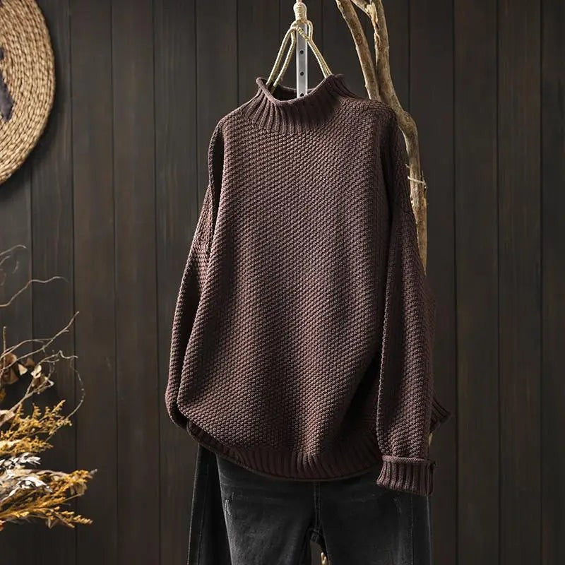 My Store 4 Barbara Relaxed Knit Jumper in donkerbruin met een textuurgebreide afwerking en een geribbelde mock-neck.