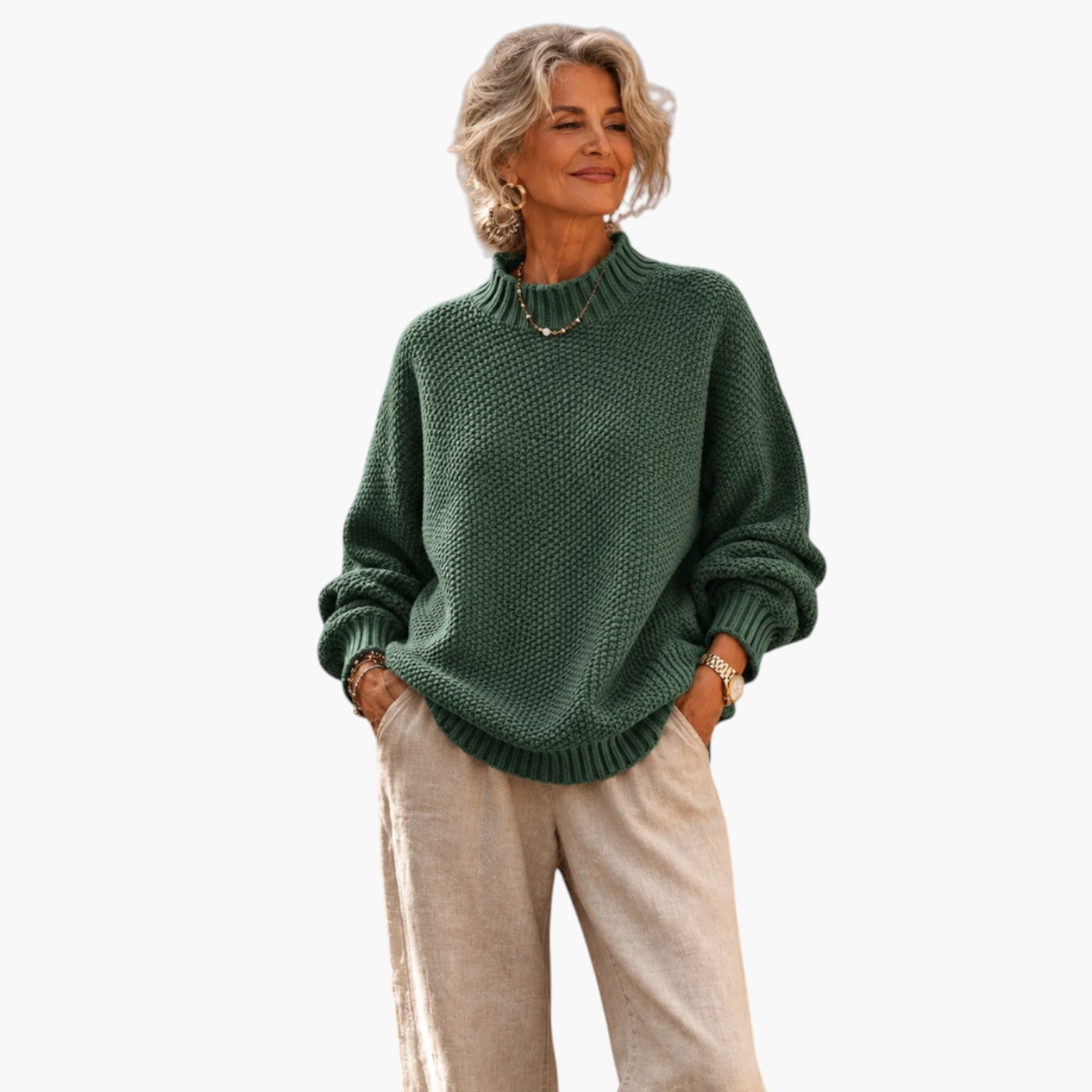 Vrouw draagt My Store 4 Barbara relaxed knit jumper in donkergroen met textuur, mock neck en verlaagde schouders.
