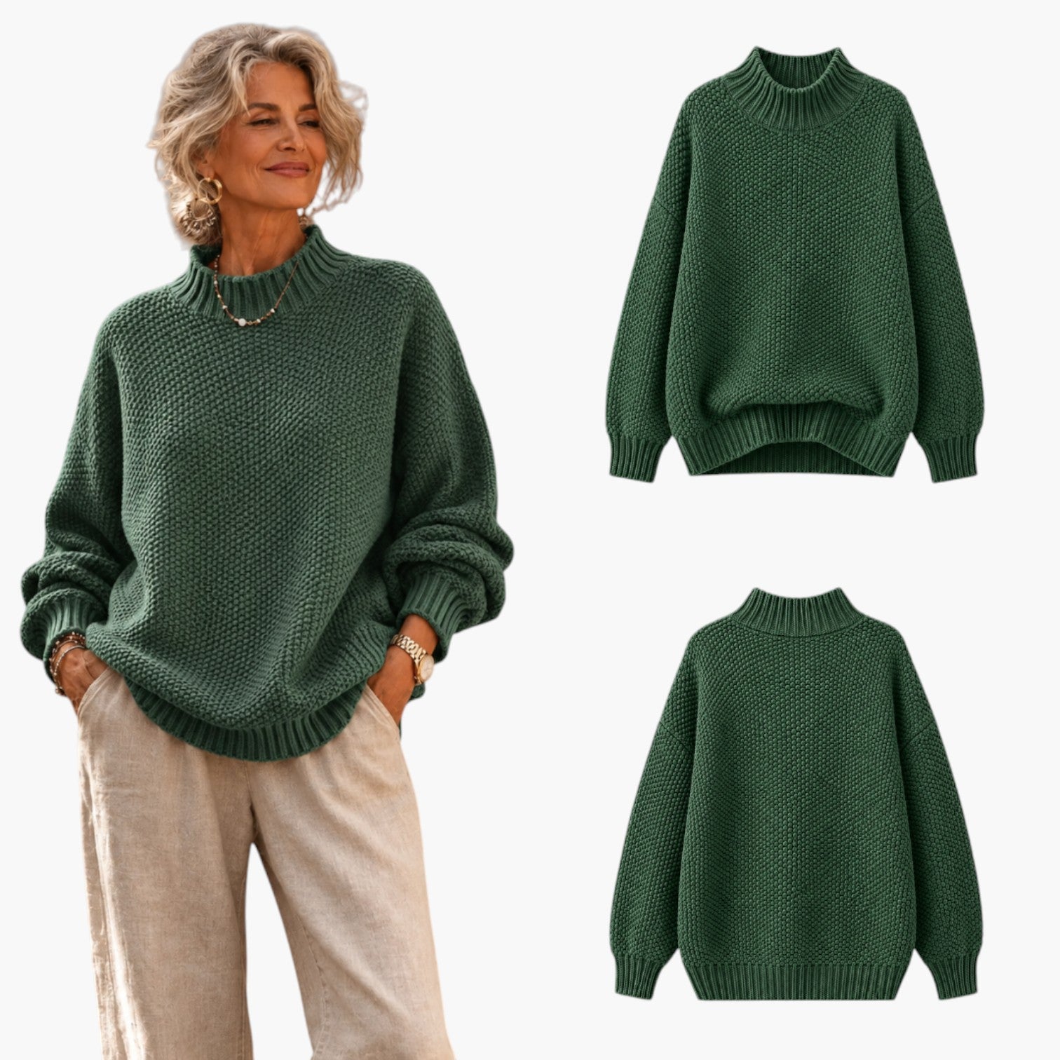 My Store 4 Barbara Relaxed Knit Jumper in donkergroen met een textuurgebreide afwerking en een geribbelde mock-neck.