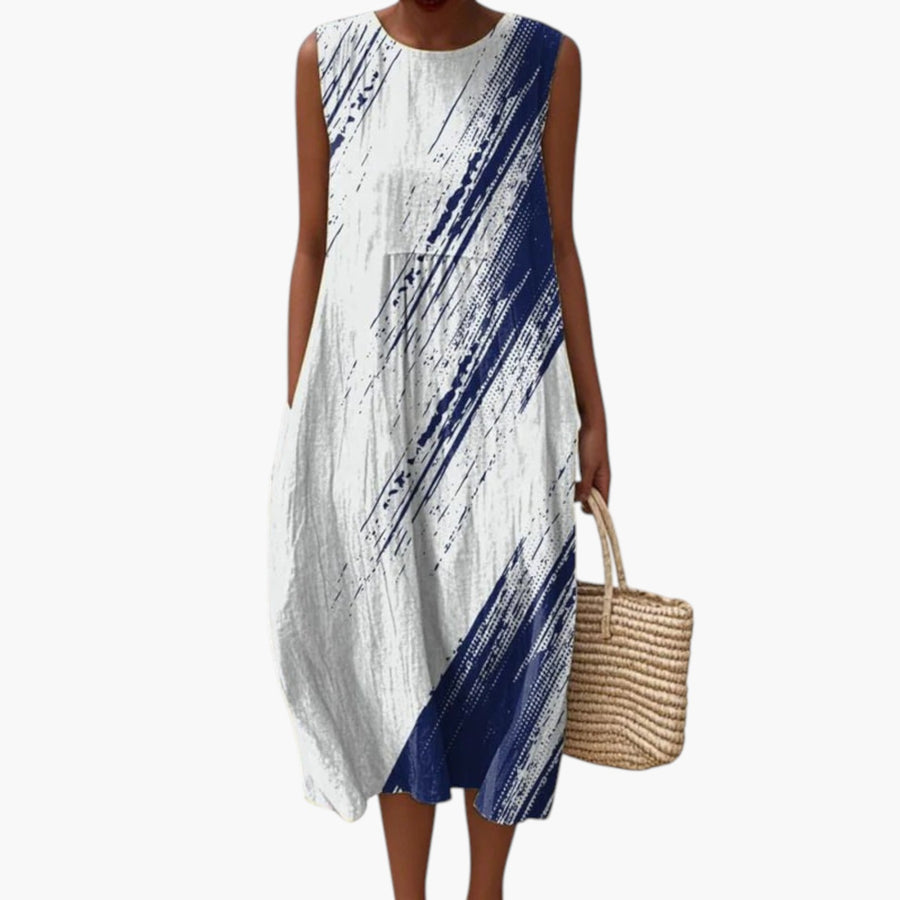 My Store 4 Faith midi-jurk met mouwloos ontwerp en wit-blauwe diagonale penseelstreekprint op het strand