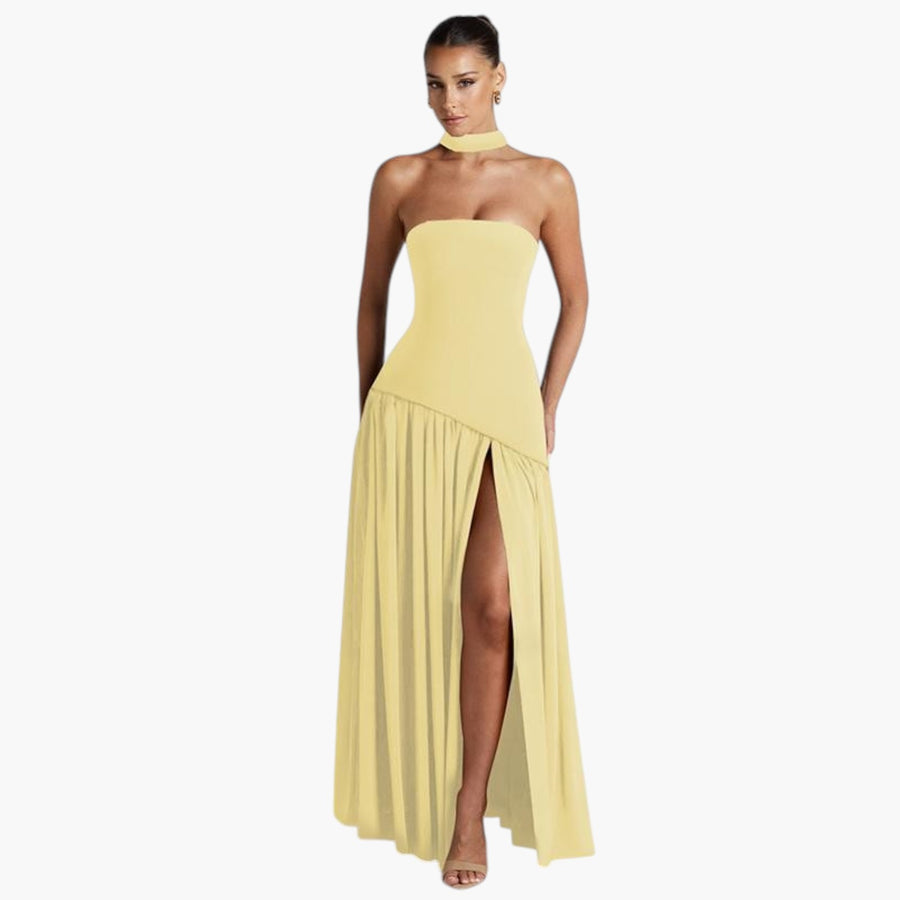 My Store 4 LINDSAY elegante gele mouwloze bodycon maxi-jurk met choker en hoge split voor een feestelijke look