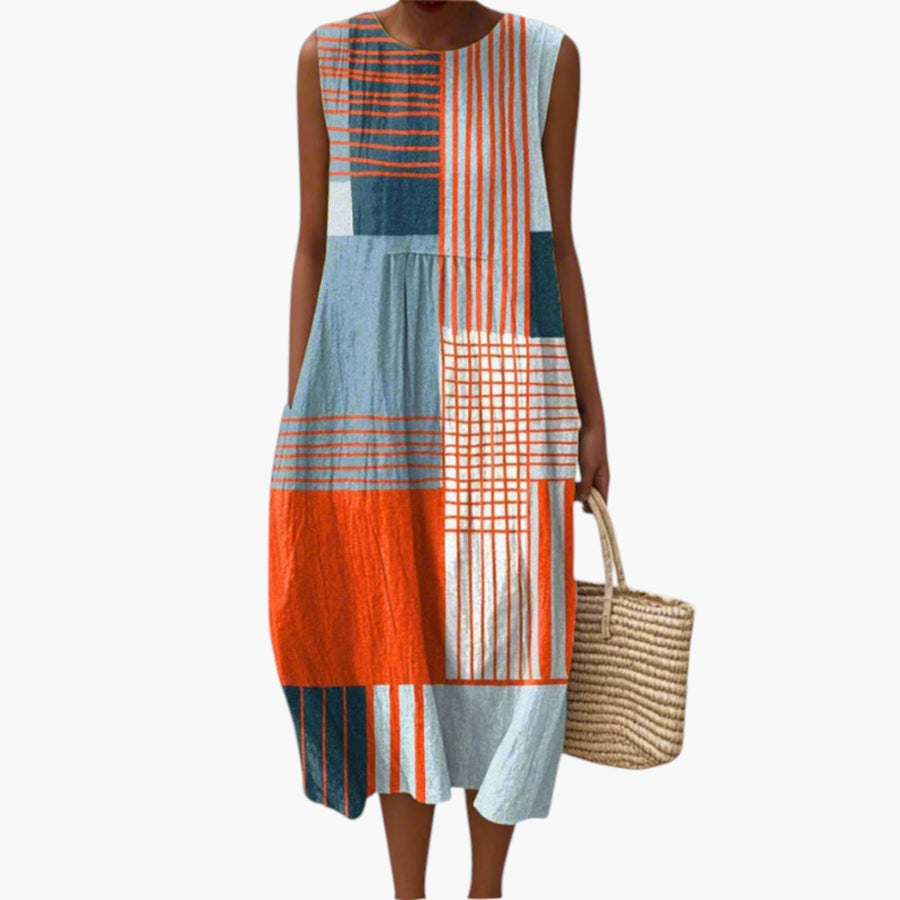 My Store 4 Kim™ Geometric Midi Dress met oranje, blauwe en witte kleurvlakken en een mouwloos, luchtig ontwerp.