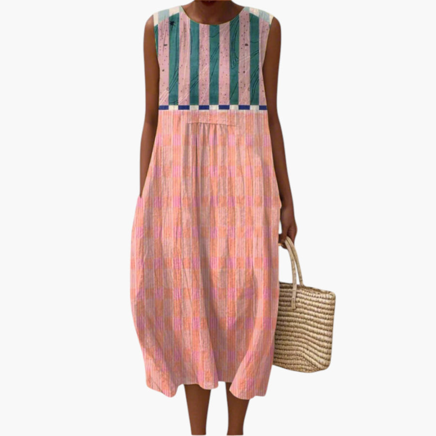 My Store 4 Lily midi-jurk met pastelkleurige ruitjes en gestreept lijfje in teal en crème op het strand
