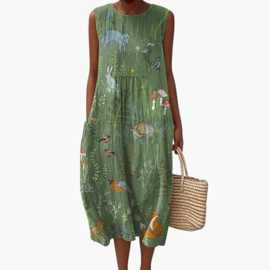 My Store 4 Hope Woodland midi-jurk in groen met natuurprint van bosdieren en bloemen op een strand