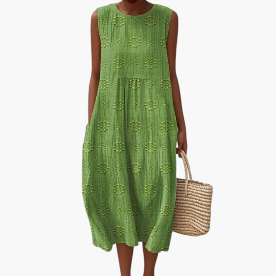 My Store 4 Sara midi-jurk in groen met geborduurde patronen, mouwloos en gemaakt van ademende stof voor op het strand.