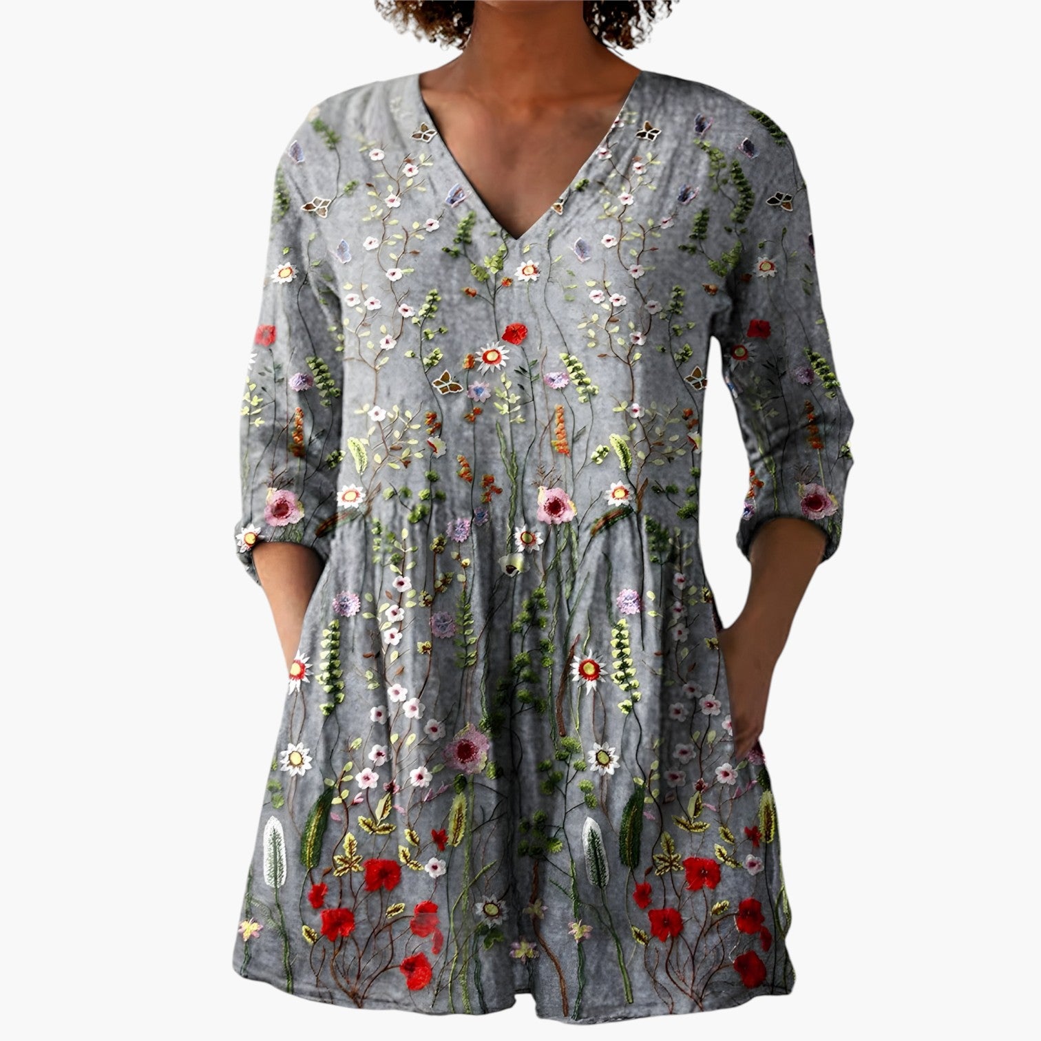 My Store 4 Willow lange blouse met V-hals, grijze stof met kleurrijk bloemenborduursel en lange mouwen