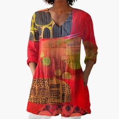 My Store 4 Maria lange blouse met V-hals, opvallende abstracte print in rood en geel, vloeiende pasvorm met lange mouwen.