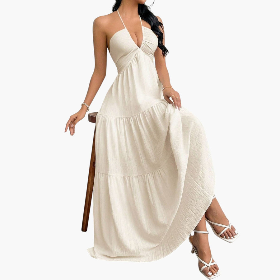 My Store 4 MARIEL A-lijn jurk in beige met halternek en gelaagde rok voor een elegante vakantielook