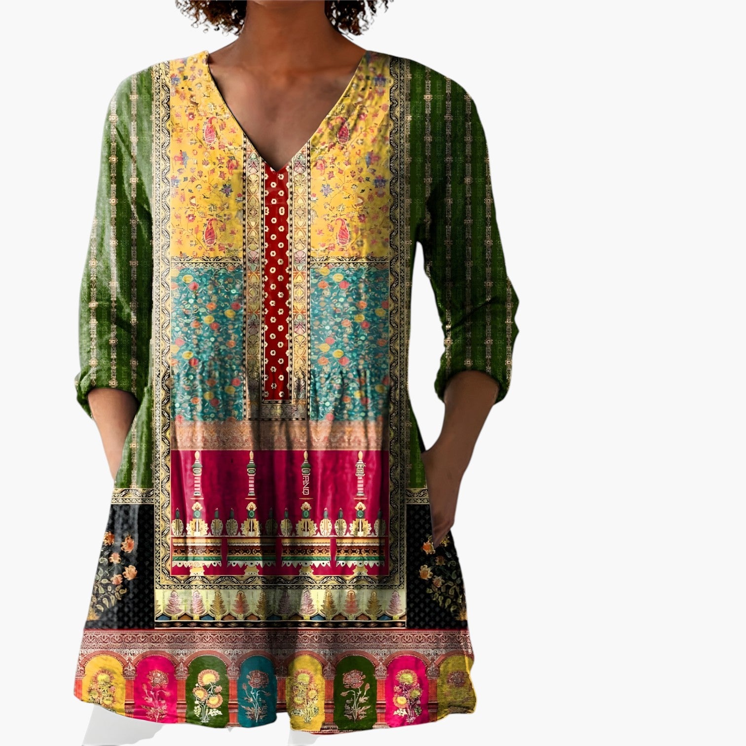 My Store 4 Melody lange blouse met V-hals, kleurrijk patroon, vloeiende pasvorm en lange mouwen voor dagelijks gebruik.