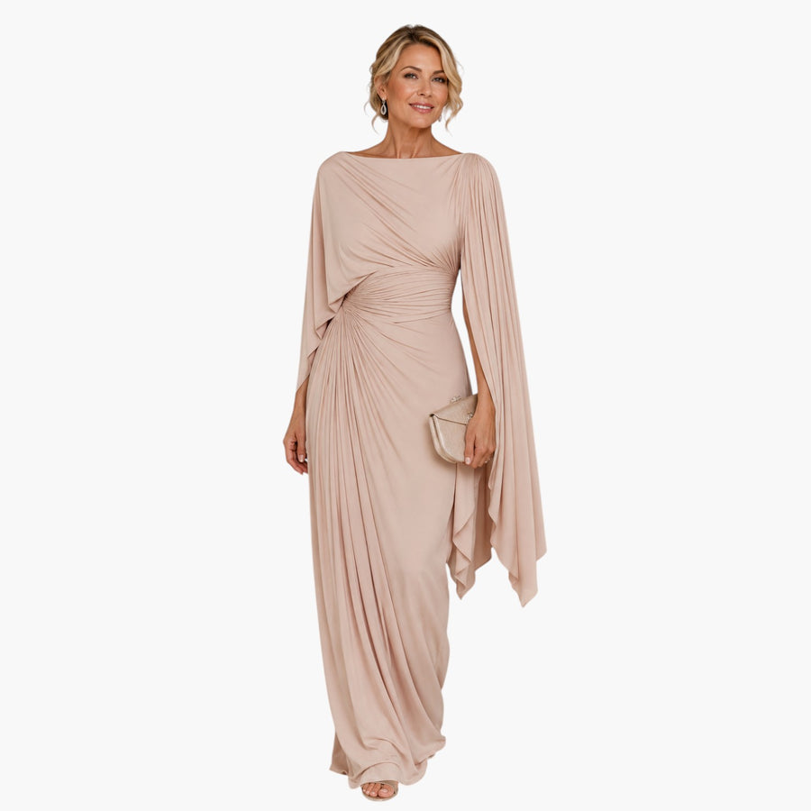 My Store 4 Meryl maxi jurk in zacht beige met gedrapeerde mouwen, boothals en geplooide taille voor een elegante look.