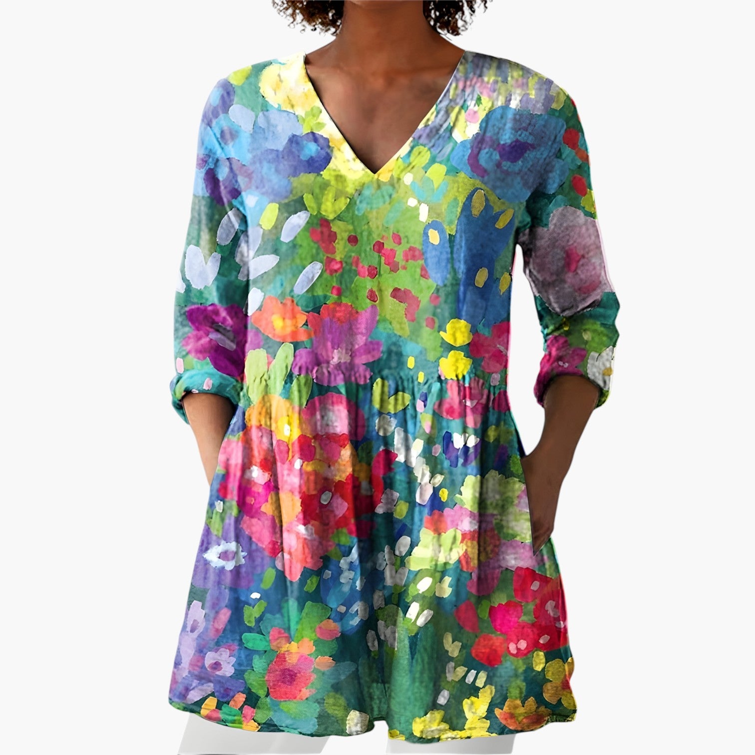 My Store 4 Millie lange blouse met V-hals en kleurrijk abstract bloemenpatroon in een vloeiende, relaxte pasvorm.
