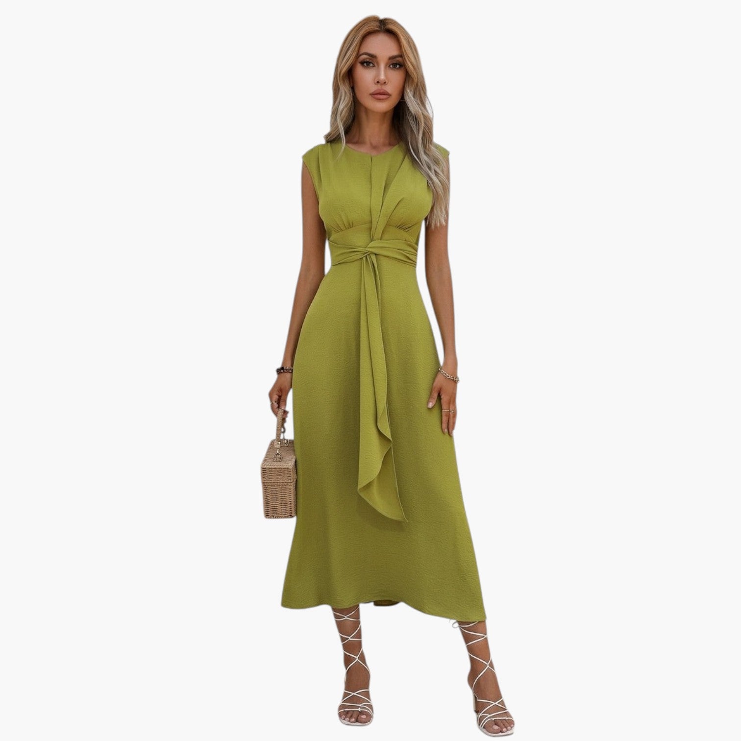 My Store 4 ROBBYN mouwloze olijfgroene jurk met tailleceintuur en elegante A-lijn pasvorm