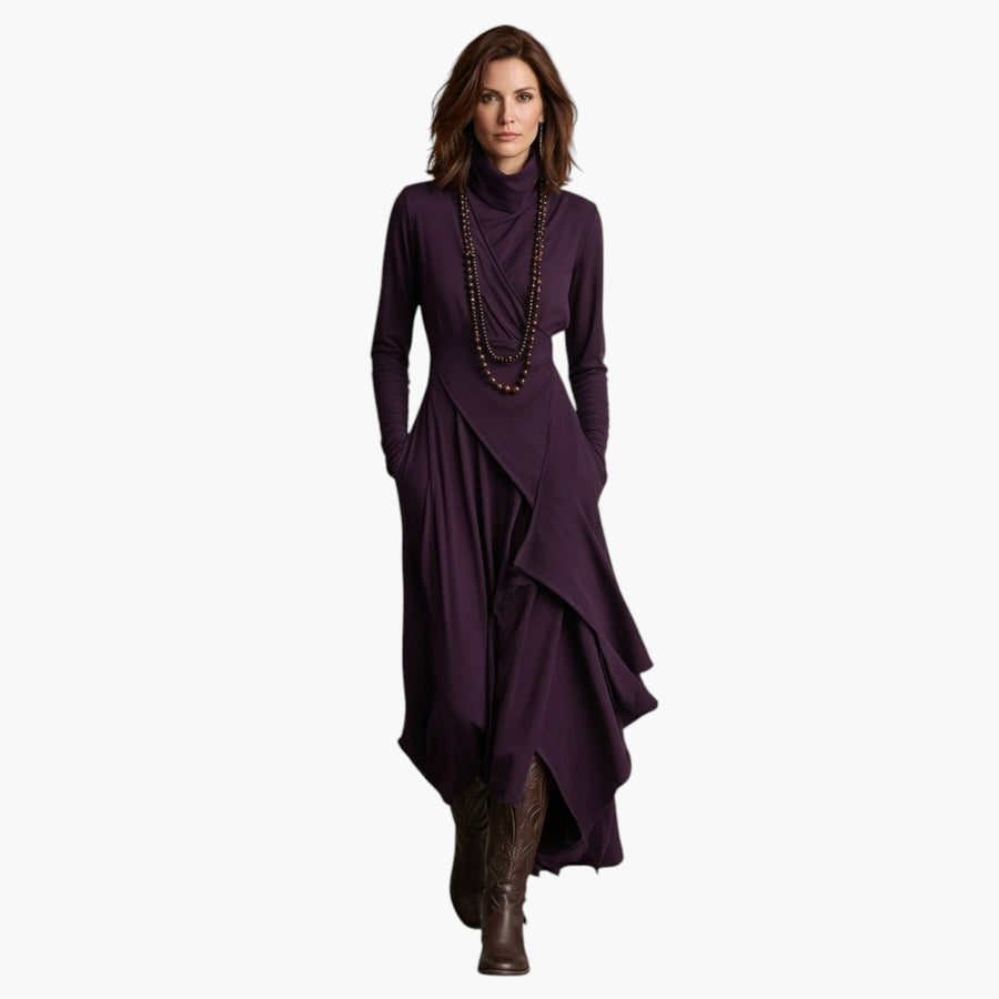 My Store 4 Arielle vintage paarse asymmetrische coltrui maxi-jurk met lange mouwen en gedrapeerde details.