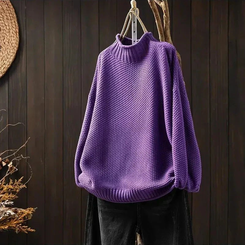 My Store 4 Barbara Relaxed Knit Jumper in paars met textuur, mock neck en verlaagde schouders.