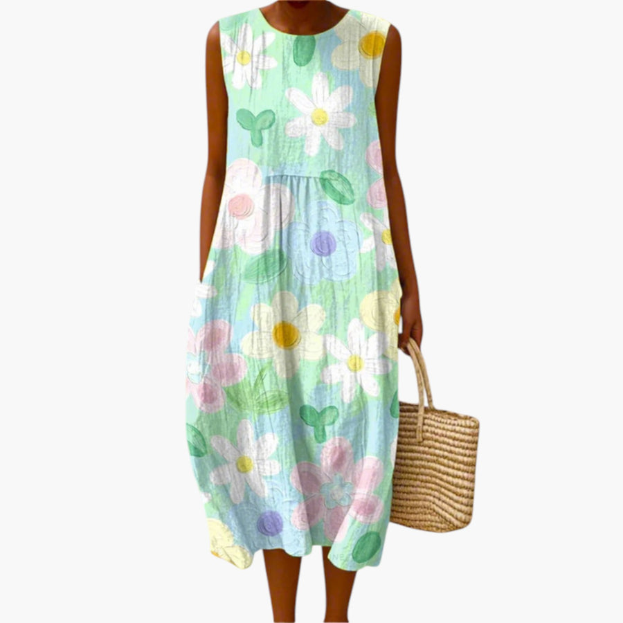 My Store 4 Erin pastel bloemen midi-jurk met mouwloos ontwerp en handgetekende bloemenprint op een strand