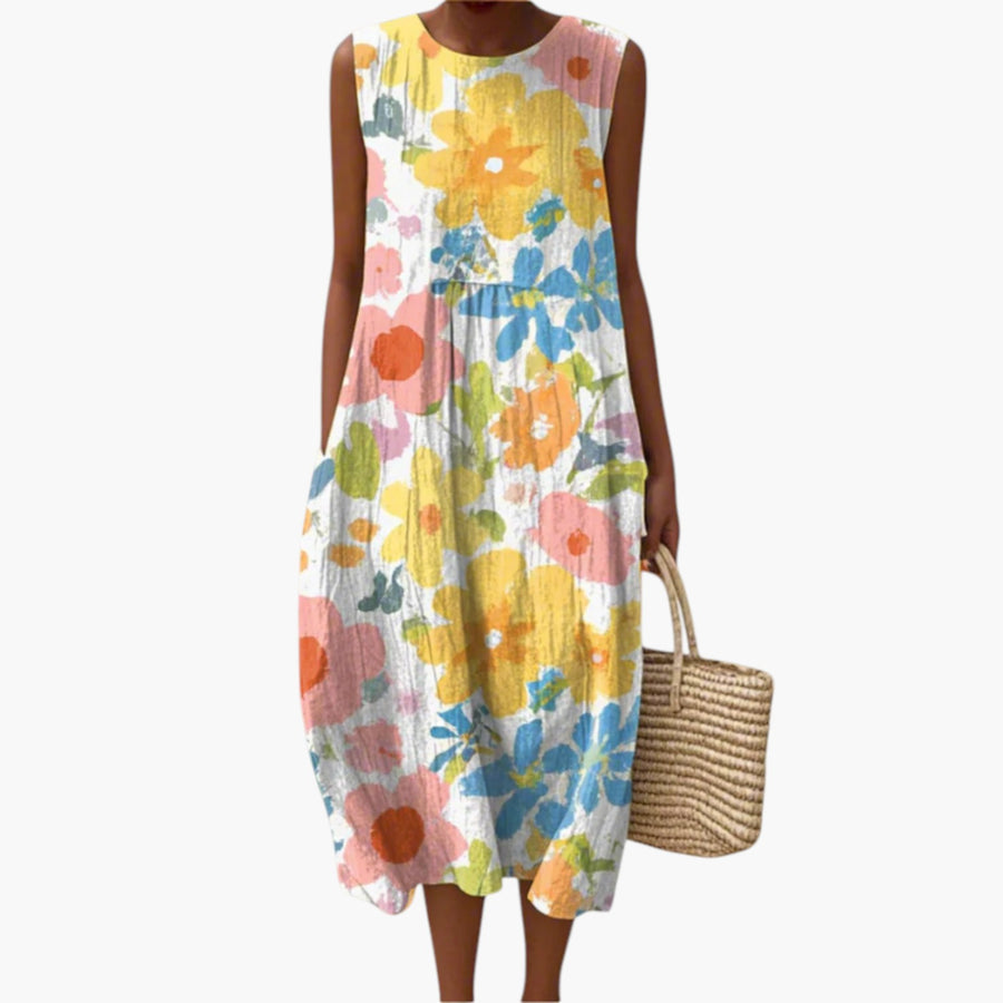 My Store 4 Ella pastelkleurige midi-jurk met bloemenprint, mouwloos en lichtgewicht voor een zomerse strandlook.