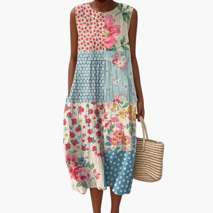 My Store 4 Anna™ patchwork midi jurk met bloemen en stippenpatronen, mouwloos en lichtgewicht voor op het strand.