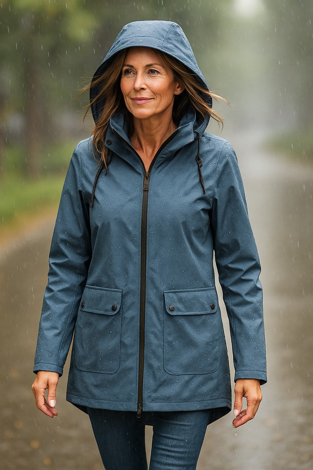 Vrouw draagt een blauwe My Store 4 Rianna getailleerde weerbestendige jas met capuchon tijdens een regenbui buiten.