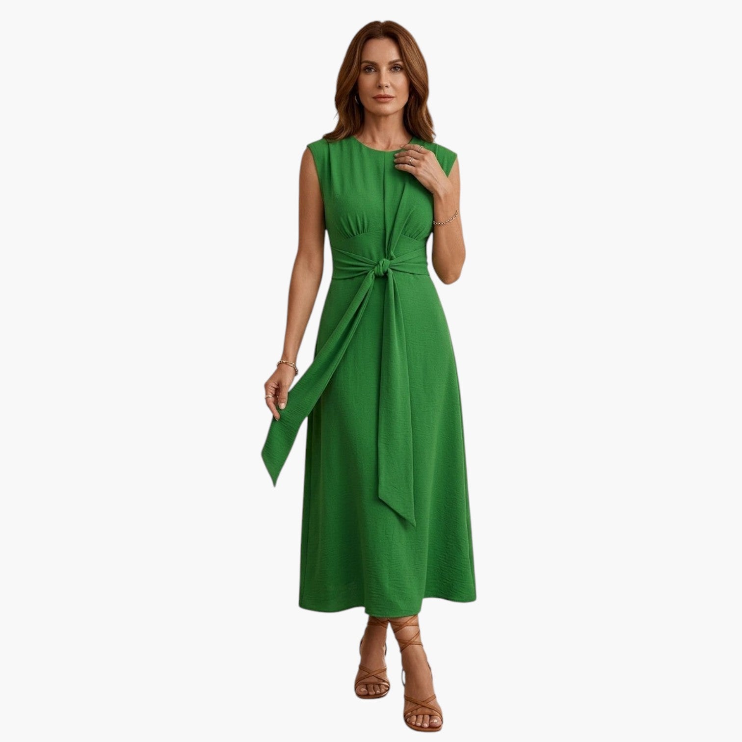My Store 4 ROBBYN mouwloze groene jurk met strikceintuur en elegante A-lijn pasvorm voor een stijlvolle zomerse look.