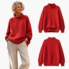 Model draagt een rode My Store 4 Barbara gebreide trui met textuur, mock neck en relaxed fit in een casual stijl.