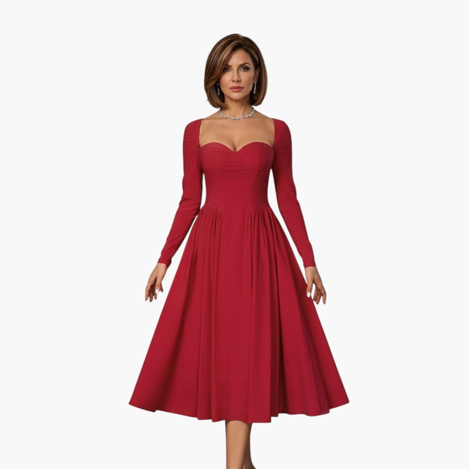 Model draagt een rode My Store 4 AKILA maxi-jurk met hartvormige halslijn, lange mouwen en een zwierig A-lijn silhouet.