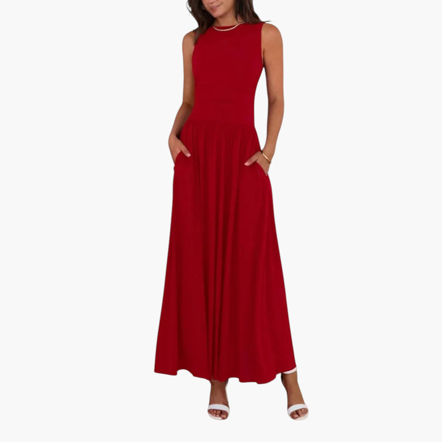 My Store 4 EMMIE rode mouwloze maxi-jurk met geplooide taille en zakken voor een elegante zomerse look