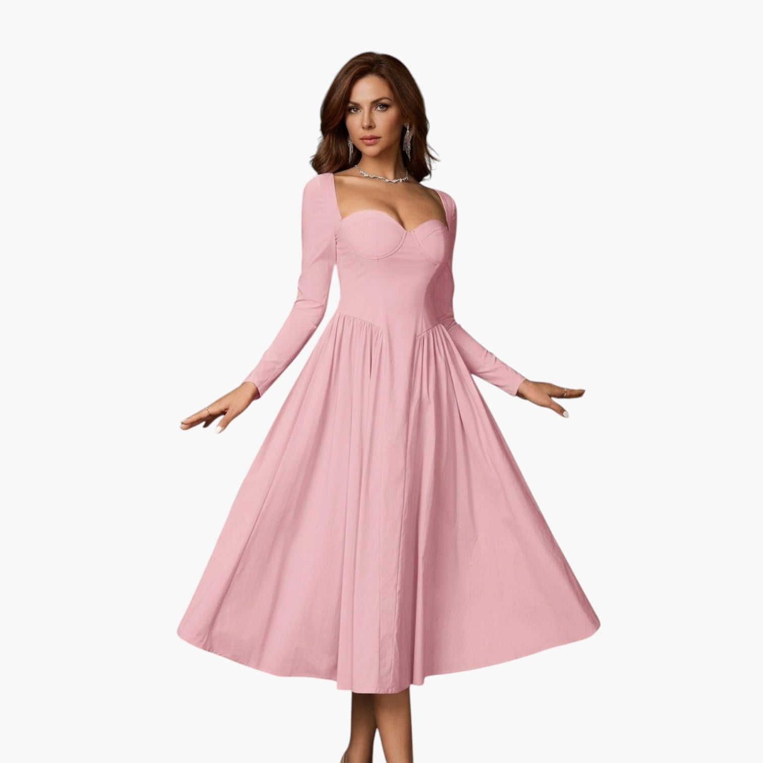 Model draagt een roze My Store 4 maxi-jurk met hartvormige halslijn, lange mouwen en een zwierig A-lijn silhouet.