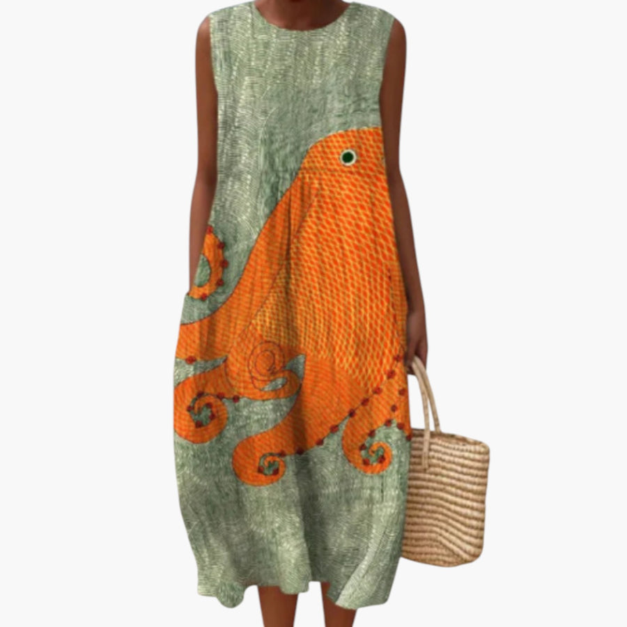 My Store 4 Tess Oceanic midi-jurk in zeegroen met oranje octopusprint, mouwloos en gemaakt van ademende stof.