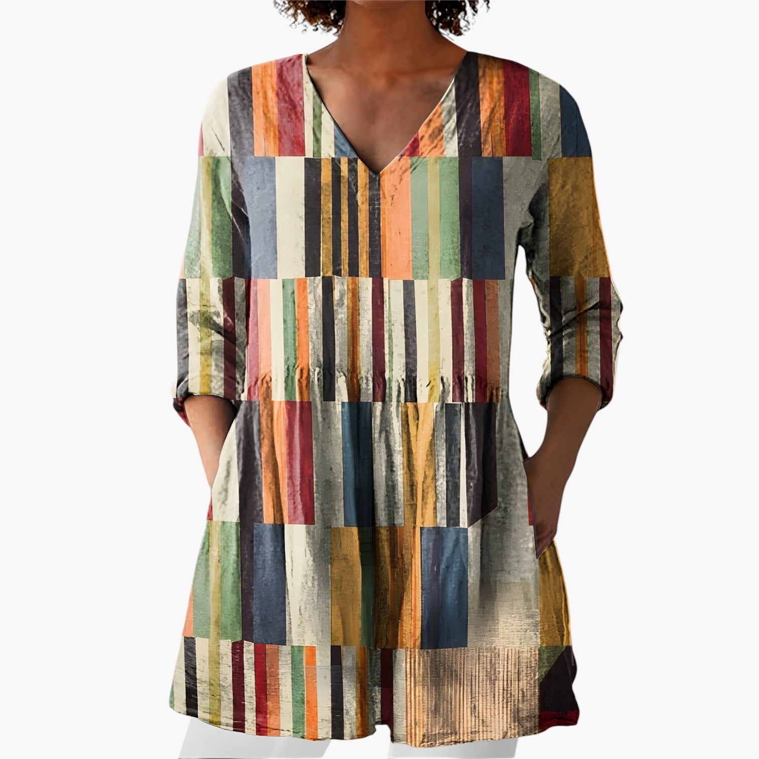 My Store 4 Willow lange blouse met V-hals en kleurrijk verticaal streeppatroon in een vloeiende, relaxte pasvorm.