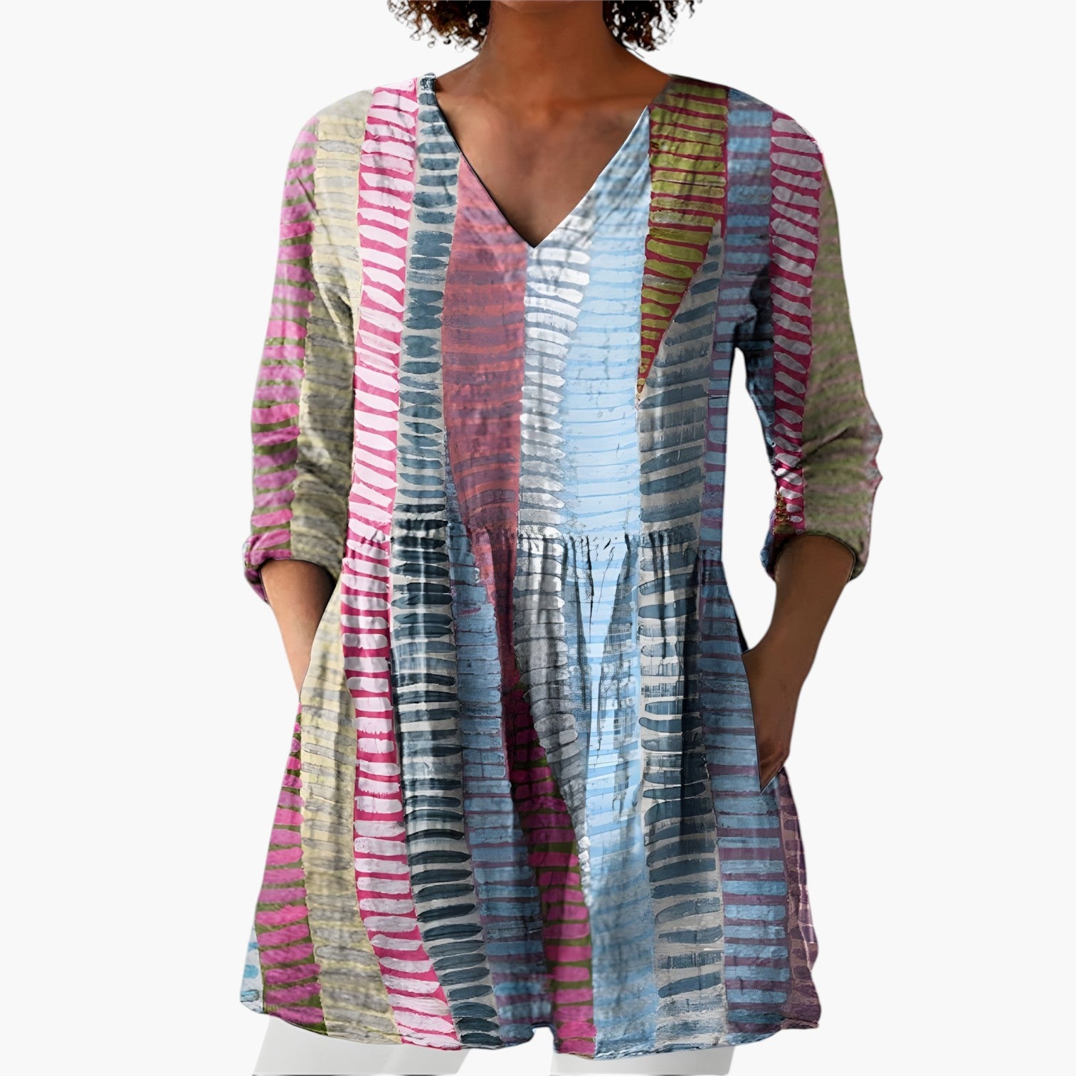 My Store 4 Willow lange blouse met V-hals en kleurrijk verticaal streeppatroon in een vloeiende pasvorm.